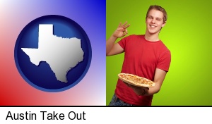 Austin, Texas - a happy teenager holding a take-out pizza
