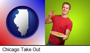 Chicago, Illinois - a happy teenager holding a take-out pizza