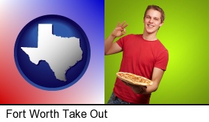 Fort Worth, Texas - a happy teenager holding a take-out pizza