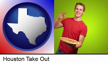 a happy teenager holding a take-out pizza in Houston, TX