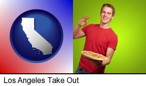 Los Angeles, California - a happy teenager holding a take-out pizza