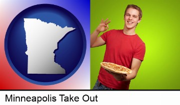 a happy teenager holding a take-out pizza in Minneapolis, MN