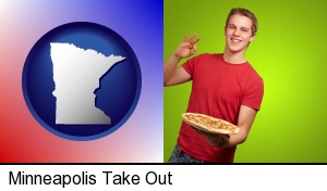 Minneapolis, Minnesota - a happy teenager holding a take-out pizza