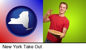 New York, New York - a happy teenager holding a take-out pizza