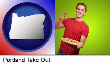 a happy teenager holding a take-out pizza in Portland, OR