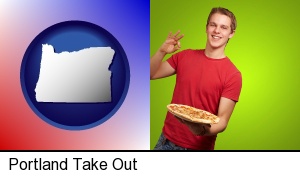 Portland, Oregon - a happy teenager holding a take-out pizza
