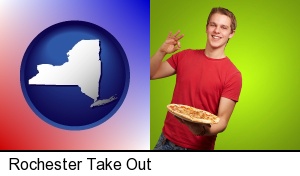 Rochester, New York - a happy teenager holding a take-out pizza