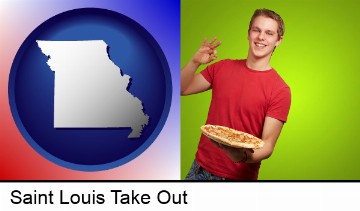 a happy teenager holding a take-out pizza in Saint Louis, MO
