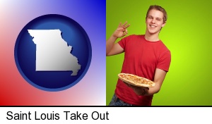 Saint Louis, Missouri - a happy teenager holding a take-out pizza