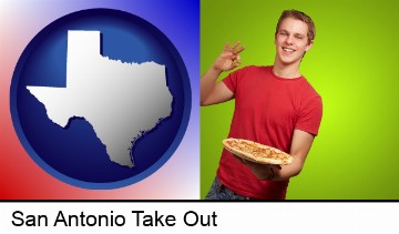 a happy teenager holding a take-out pizza in San Antonio, TX