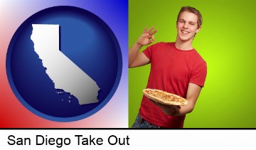 a happy teenager holding a take-out pizza in San Diego, CA