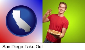 San Diego, California - a happy teenager holding a take-out pizza