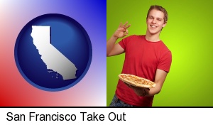 San Francisco, California - a happy teenager holding a take-out pizza