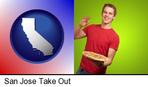 San Jose, California - a happy teenager holding a take-out pizza