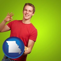 missouri map icon and a happy teenager holding a take-out pizza