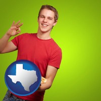 texas map icon and a happy teenager holding a take-out pizza