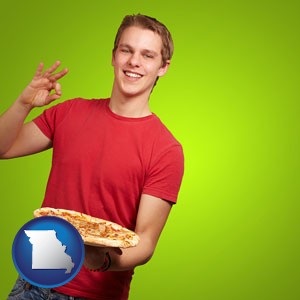 a happy teenager holding a take-out pizza - with Missouri icon