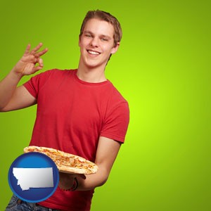 a happy teenager holding a take-out pizza - with Montana icon