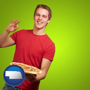 a happy teenager holding a take-out pizza - with Nebraska icon