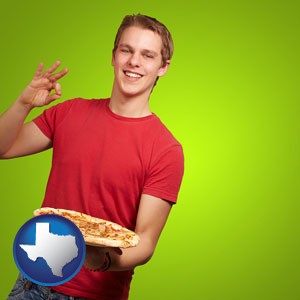 a happy teenager holding a take-out pizza - with Texas icon