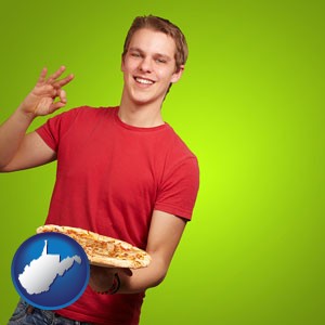 a happy teenager holding a take-out pizza - with West Virginia icon