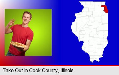a happy teenager holding a take-out pizza; Cook County highlighted in red on a map
