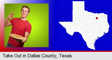 a happy teenager holding a take-out pizza; Dallas County highlighted in red on a map