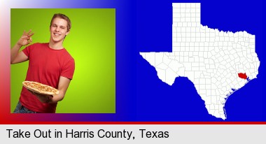 a happy teenager holding a take-out pizza; Harris County highlighted in red on a map