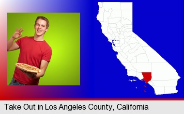 a happy teenager holding a take-out pizza; Los Angeles County highlighted in red on a map
