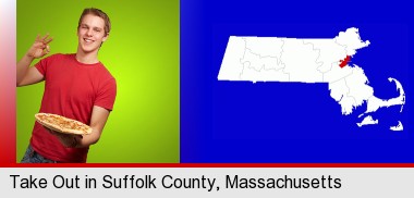 a happy teenager holding a take-out pizza; Suffolk County highlighted in red on a map