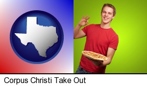 Corpus Christi, Texas - a happy teenager holding a take-out pizza