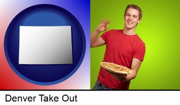 a happy teenager holding a take-out pizza in Denver, CO