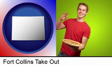 a happy teenager holding a take-out pizza in Fort Collins, CO