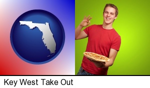 a happy teenager holding a take-out pizza in Key West, FL