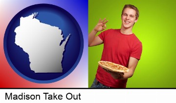 a happy teenager holding a take-out pizza in Madison, WI