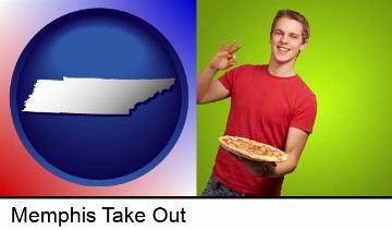 a happy teenager holding a take-out pizza in Memphis, TN