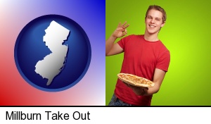 a happy teenager holding a take-out pizza in Millburn, NJ