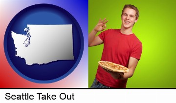 a happy teenager holding a take-out pizza in Seattle, WA