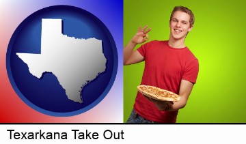 a happy teenager holding a take-out pizza in Texarkana, TX