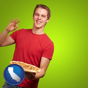 a happy teenager holding a take-out pizza - with California icon