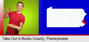 a happy teenager holding a take-out pizza; Bucks County highlighted in red on a map