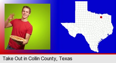 a happy teenager holding a take-out pizza; Collin County highlighted in red on a map