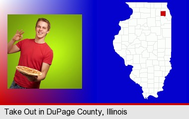 a happy teenager holding a take-out pizza; DuPage County highlighted in red on a map