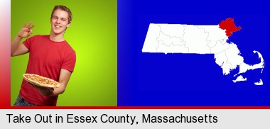 a happy teenager holding a take-out pizza; Essex County highlighted in red on a map