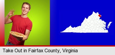 a happy teenager holding a take-out pizza; Fairfax County highlighted in red on a map