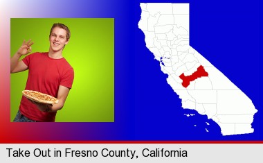 a happy teenager holding a take-out pizza; Fresno County highlighted in red on a map