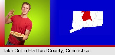 a happy teenager holding a take-out pizza; Hartford County highlighted in red on a map