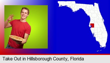 a happy teenager holding a take-out pizza; Hillsborough County highlighted in red on a map