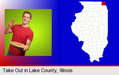 a happy teenager holding a take-out pizza; LaSalle County highlighted in red on a map