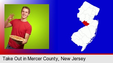 a happy teenager holding a take-out pizza; Mercer County highlighted in red on a map